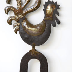 Pair of Cut Brass and Iron Rooster Andiron Fronts