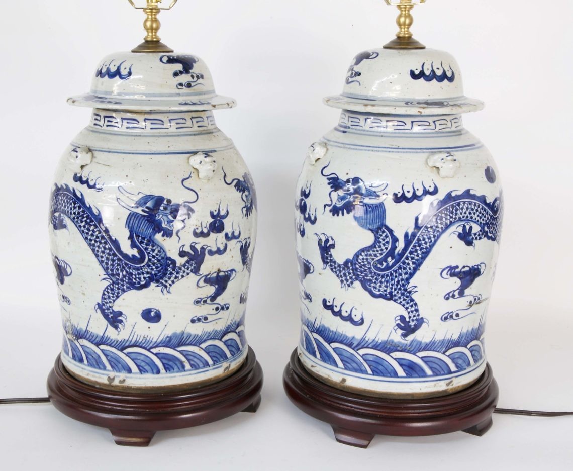 Pair of Chinese Temple Jar Lamps Pair of Chinese Blue and White