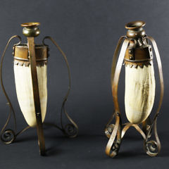 Matched Pair of One-of-a-Kind Sperm Whale Teeth and Copper Candlesticks, circa 1870-1880