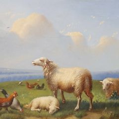 Francois Vandeverdonck Oil on Board “Pastoral Scene with Sheep and Chickens”