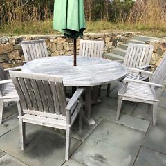 Gloster Teak Wood Round Dining Table and Six Armchairs