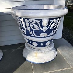 Pair of Italian Blue and White Baked Enamel Terra Cotta Planters