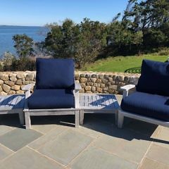 Set of Four Gloster Teak Wood Armchairs and Three Square Teak Tables