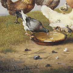 Franz Van Severdonck Oil on Wood Panel “Chickens and Ducks Feeding”