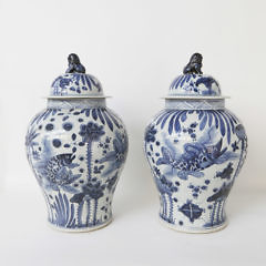 Pair of Blue and White Canton Style Temple Jars