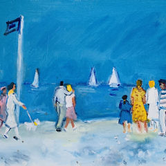 Michel Legros Oil on Canvas “Promenade Dans La Plage a Deauville”