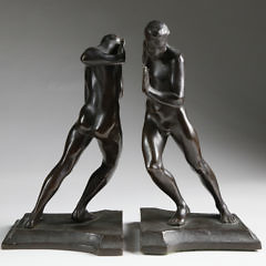 Pair of Harriet Whitney Frishmuth Patina Bronze Nude Male Figural Bookends, circa 1912