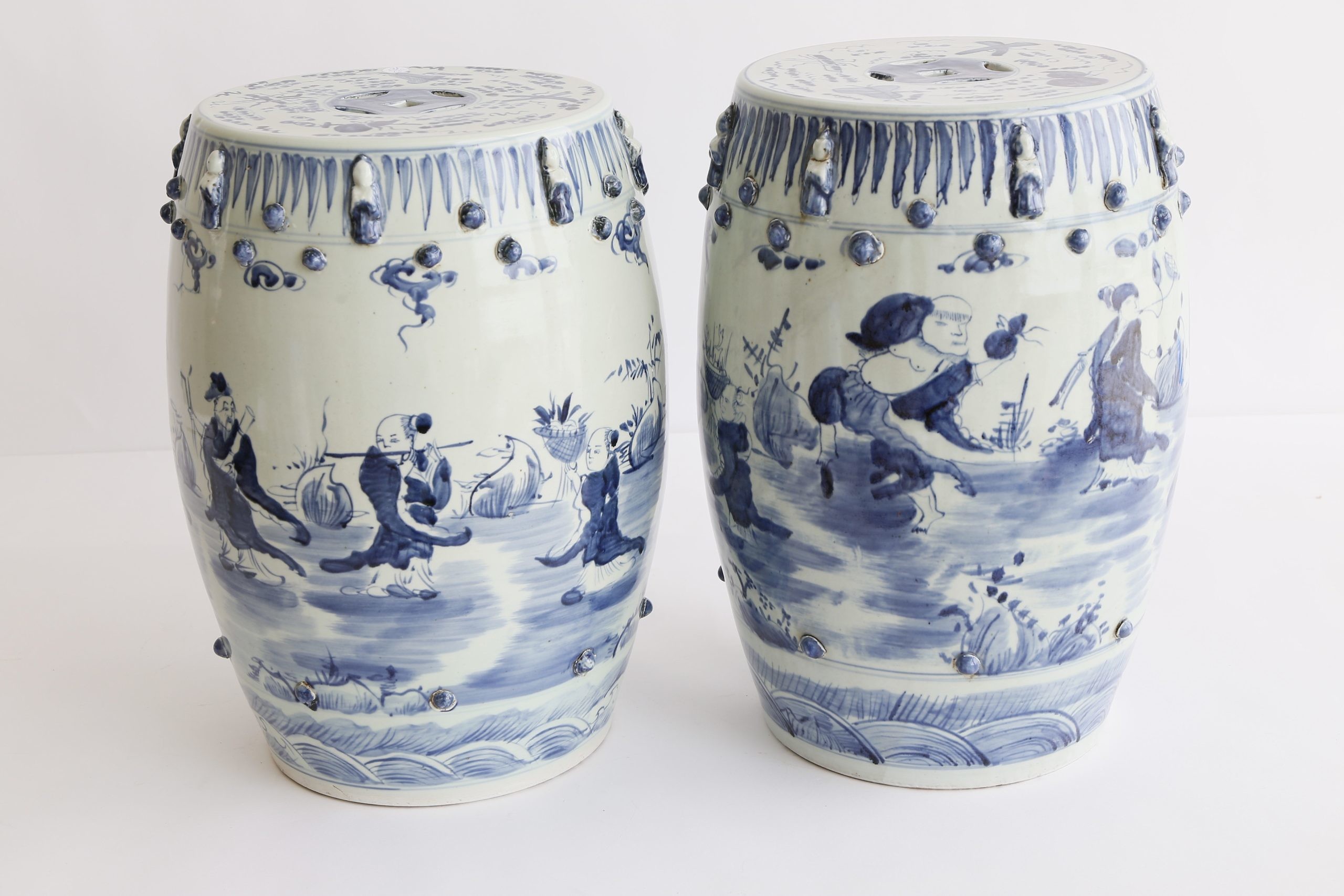 Pair of Chinese Blue and White Porcelain Garden Stools Pair of