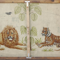 Scenic Lion and Tiger Wool Prickwork Embroidery on Velvet, late 19th Century