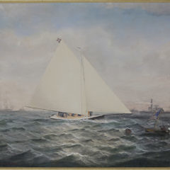 Conrad Freitag Watercolor on Paper “The Sloop Matisse with the Steamship Antelope and Dory Frolic Off Her Bow”