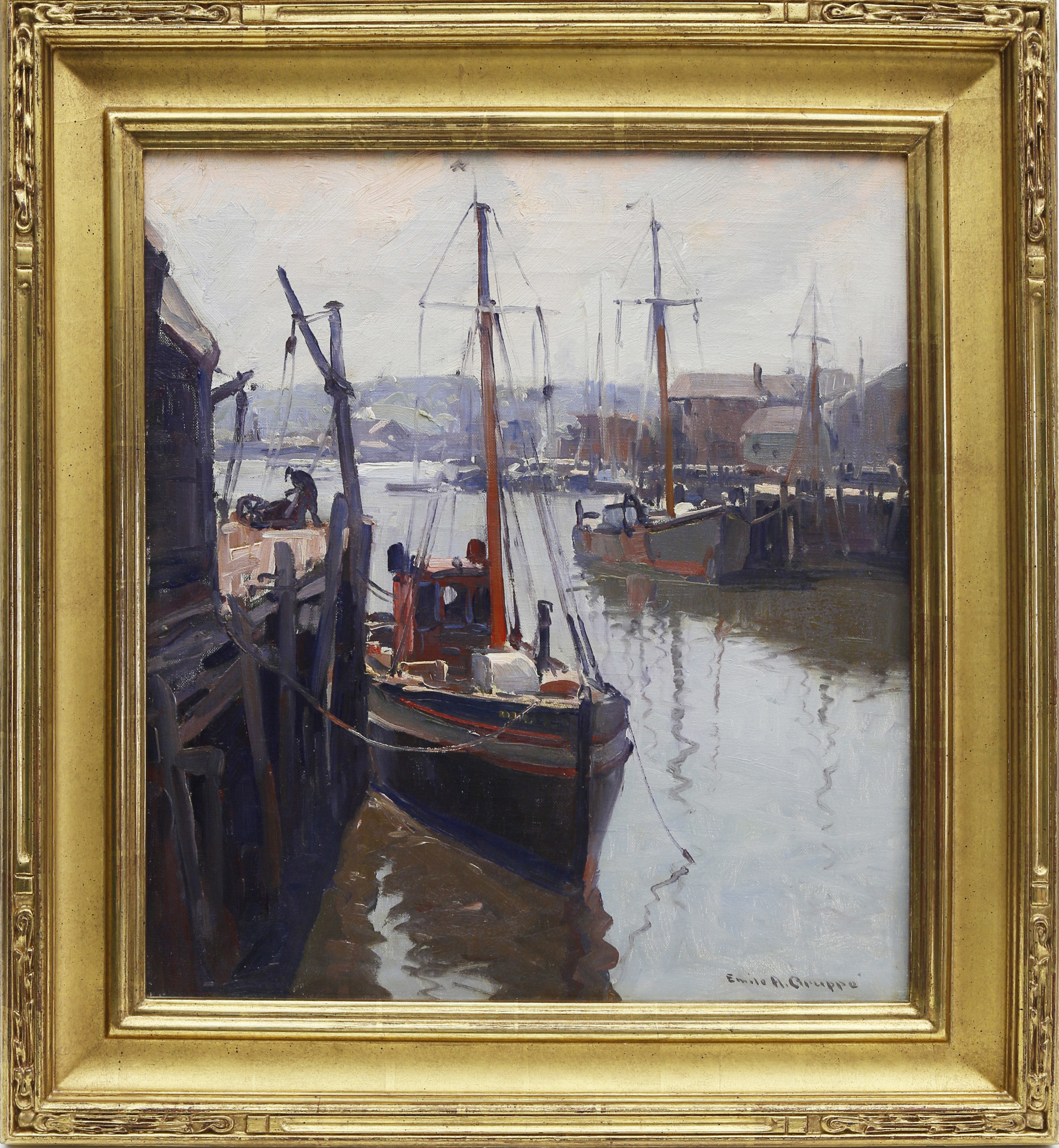 Emile Gruppe Oil on Canvas Gloucester Fishing Boats - Emile Albert