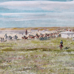 Charles Kemper Tempera on Artist Board “Colonel Custer and the 7th Cavalry Heading Out to the Little Big Horn, Leaving Fort Abraham Lincoln”