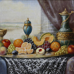 Johan K. Reinprecht Oil on Board “Fruit and Wine Tabletop Still Life”