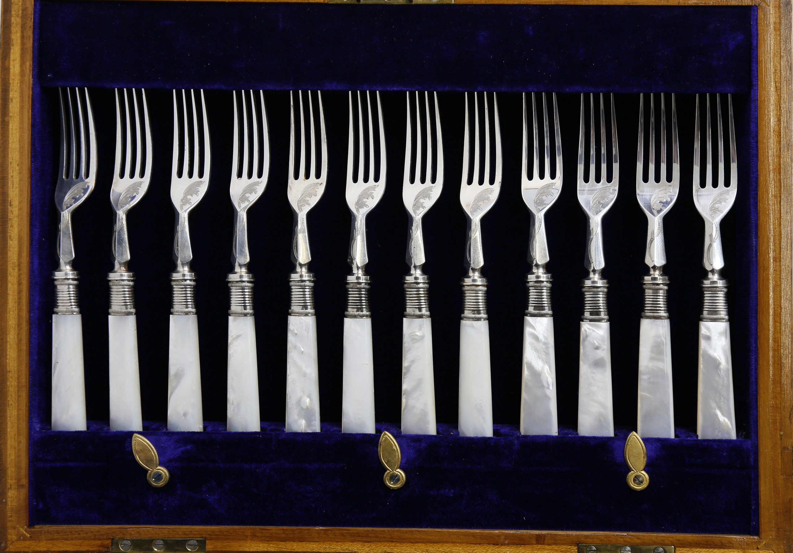 English Boxed Set of 24 Mother of Pearl Handle Fruit Knives and Forks