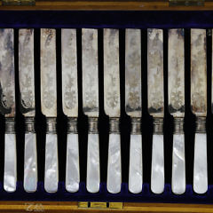 English Boxed Set of 24 Mother of Pearl Handle Fruit Knives and Forks, 19th Century