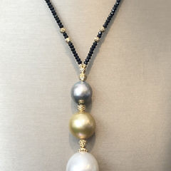 10.5mm – 15mm White and Gold South Sea and Grey Tahitian Pearl Lariat Necklace on Black Spinel Strand