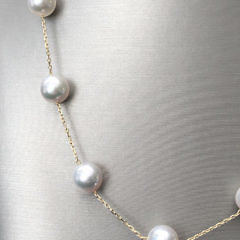 Fine 9mm White Akoya Pearl Tin Cup Necklace, 18k Yellow Gold Chain