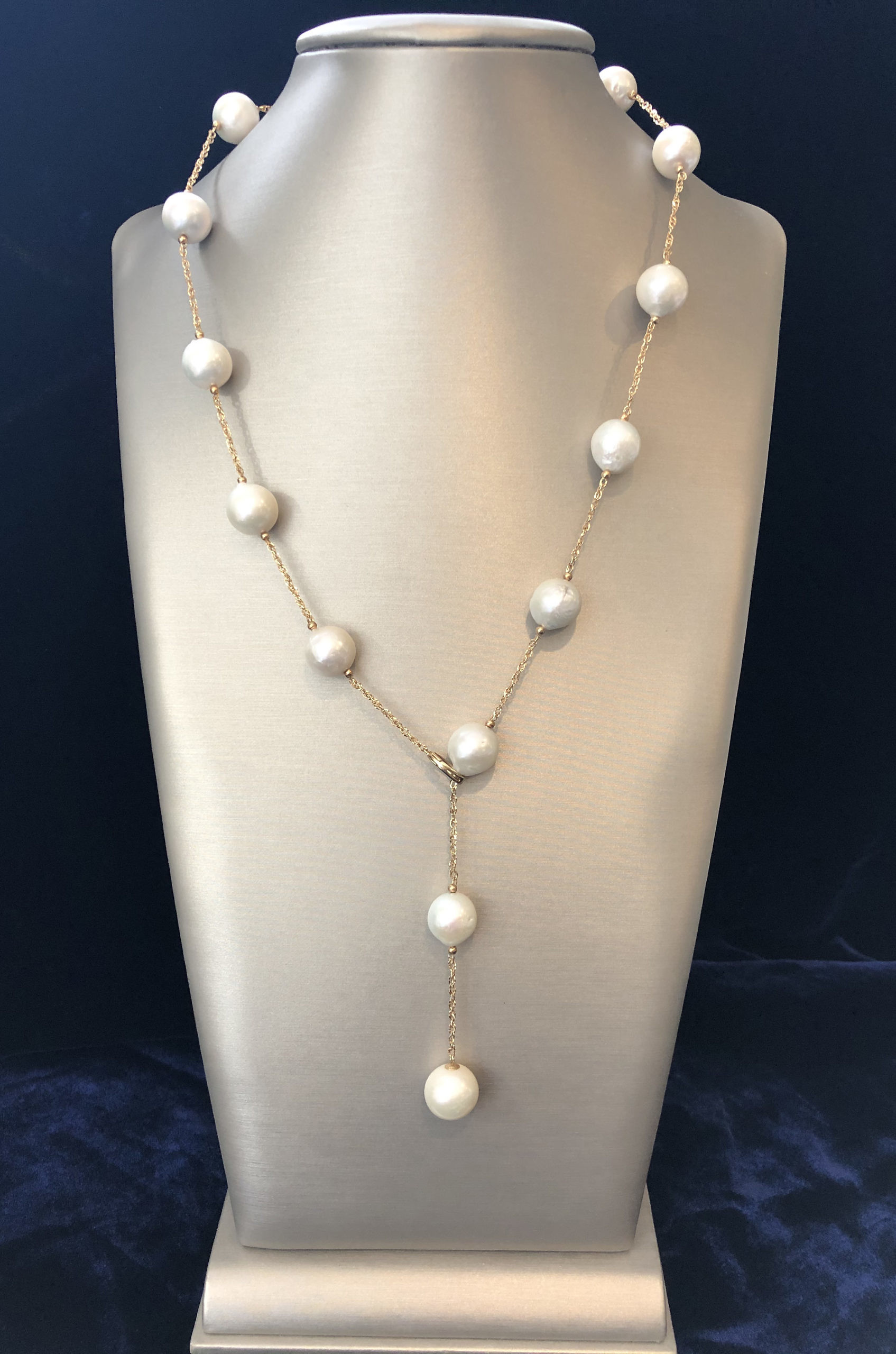 14k Yellow Gold Lariat Necklace with Pearls