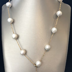 14k Yellow Gold White Fresh Water Pearl Lariat Necklace