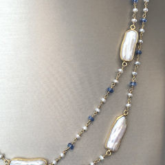 Kynite and White Fresh Water Pearl Necklace, Sterling Silver Vermeil Chain and Clasp