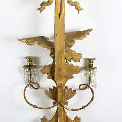 Very Fine Pair of American Carved Pine and Lemon Gilt Two-Light Eagle Sconces, circa 1820