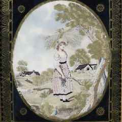 Pair of English Regency Silk and Silver Thread Embroideries on Silk “The Wheat Harvest” circa 1820