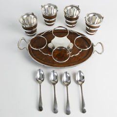 English Silver Plated and Oak Egg Caddy and Matching Tray, 19th Century