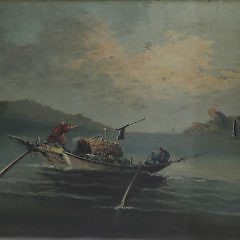 Pair of Chinese Export Oil on Paper Board “River Scene Paintings of Junk and Houseboat”