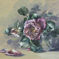 Anne M. Ramsdell Watercolor on Paper “Pink Rose in a Glass Vase Still Life”