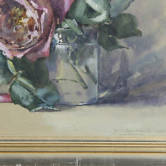 Anne M. Ramsdell Watercolor on Paper “Pink Rose in a Glass Vase Still Life”