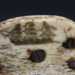 Whalebone and Whale Ivory Ship’s Block Scrimshawed “JAMES WELLS, BOSTON, 1843”