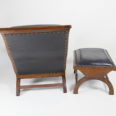 Mahogany and Black Leather Upholstered Plantation Style Chair and Ottoman