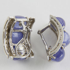 Pair of Seaman Schepps 18k White Gold Cabochon Tanzanite and Diamond Earclips