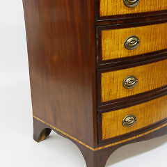 American Tiger Maple and Mahogany Bow Front Chest of Drawers, circa 1810