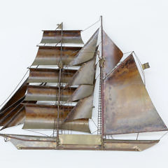 Kurt Heise Mid-Century Modern Copper and Brass Wall Sculpture of a Brigatine Two-Masted Ship