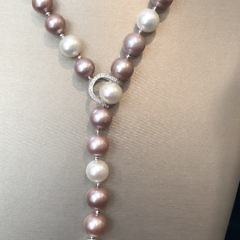 Fine 11mm White & Pink Cultured Pearl Diamond Lariat Necklace