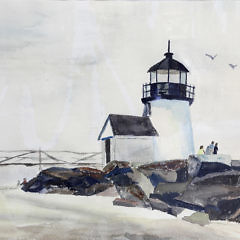Vintage Mid-Century Watercolor View “Fishing Off Brant Point Light, Nantucket”
