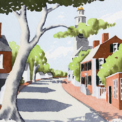 Doris and Richard Beer Watercolor on Paper “Corner of Main and Orange Street, Nantucket”, circa 1940s