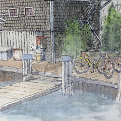 Barbara Kauffmann-Locke Pen and Watercolor on Paper, “View of the Wharf”