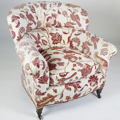 Brunschwig and Fils Red and Creme Upholstered Club Chair and Ottoman