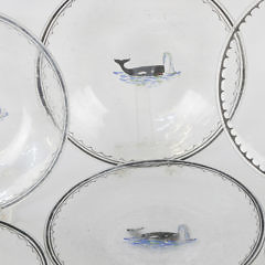 Six Blown Glass and Paint Decorated Spouting Whale Plates