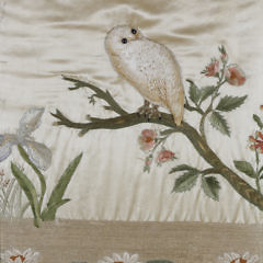 Trapunto Silk Embroidery of a Snowy Owl on Flowering Tree Branch