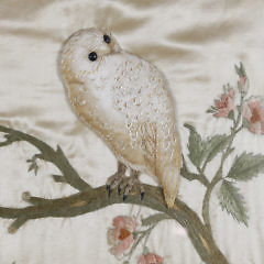 Trapunto Silk Embroidery of a Snowy Owl on Flowering Tree Branch