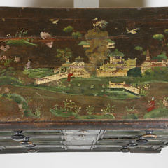 English Chinoiserie Landscape Paint Decorated Four Drawer Chest, 18th Century