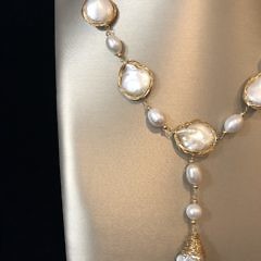 18mm White Baroque Coin Pearl Lariat Necklace