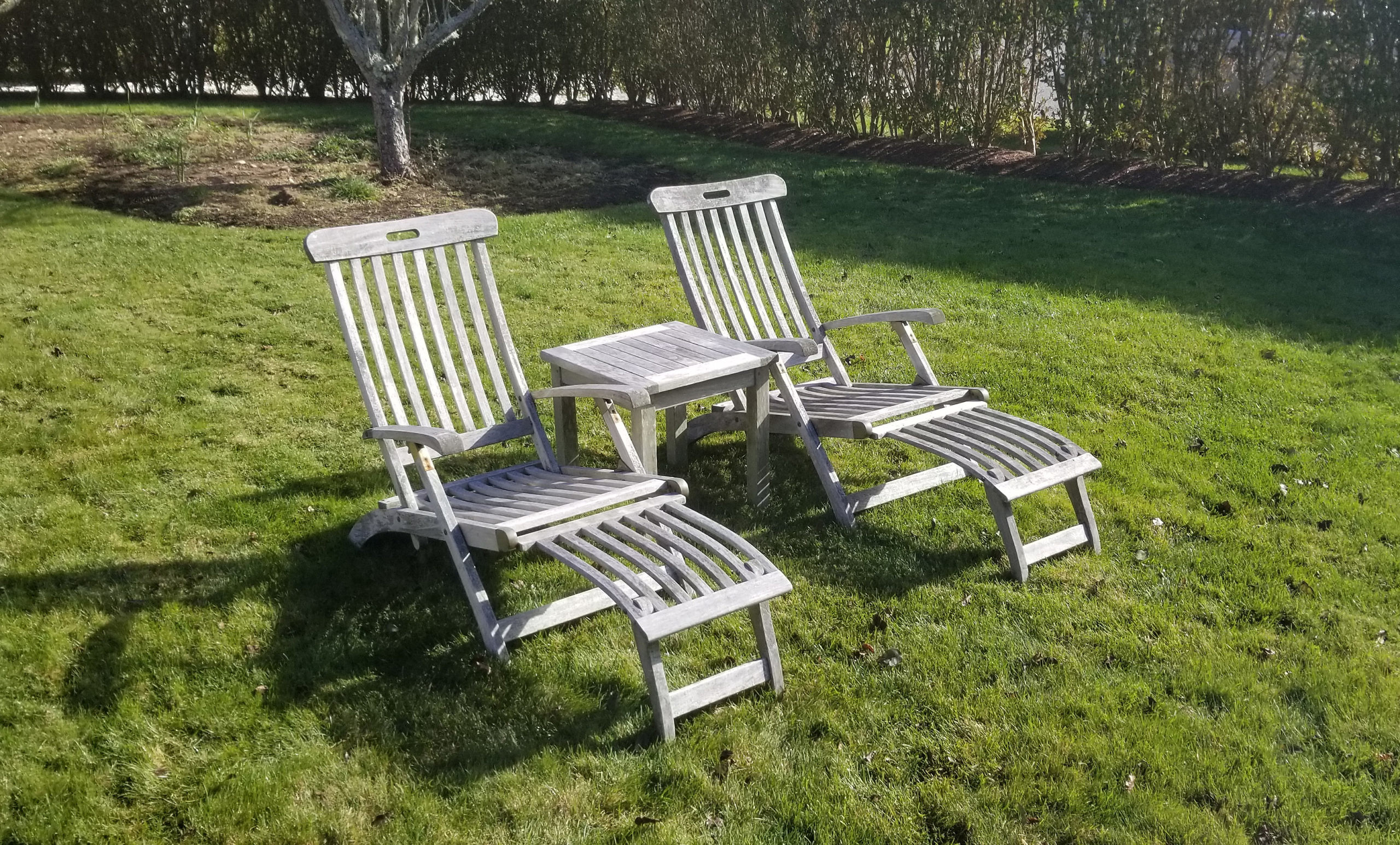 Pair of Teak Folding Chaise Lounges and Table Pair of "GLLine