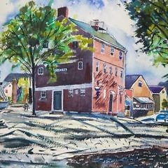 Vintage Nantucket Watercolor “View of the Customs House and Fountain, Lower Main Street”