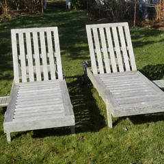 Two Outdoor Teak Chaise Lounges with Cushions