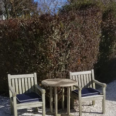 Pair Teak Armchairs and Round Table