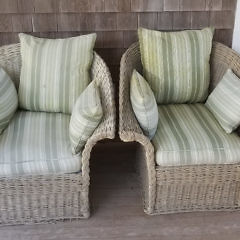 58-4810 Pair Wicker Woven Armchairs Striped Cushions A